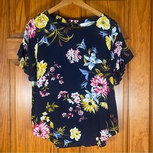 Like New LOFT Lightweight Yellow, Pink, and Blue Ruffled Floral Blouse